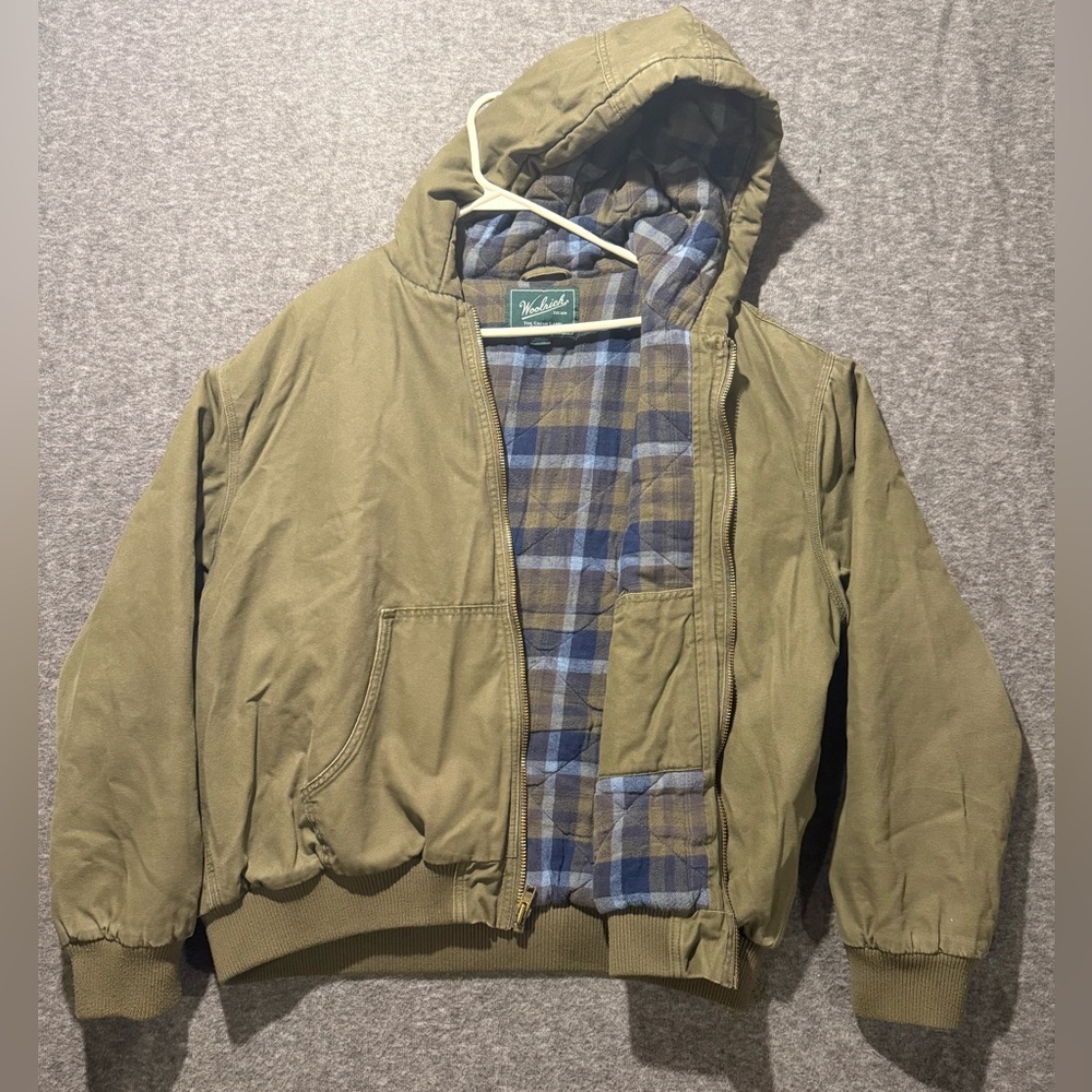 Woolrich Canvas Flannel Lined Coat mens XL green full zip hooded barn chore warm